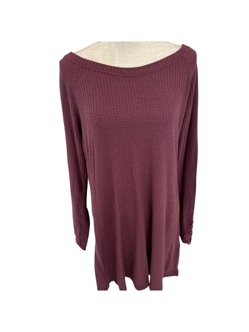 Artisan NY Womens Burgundy Waffle Knit Tunic With Crochet Sleeve Accents Size XL